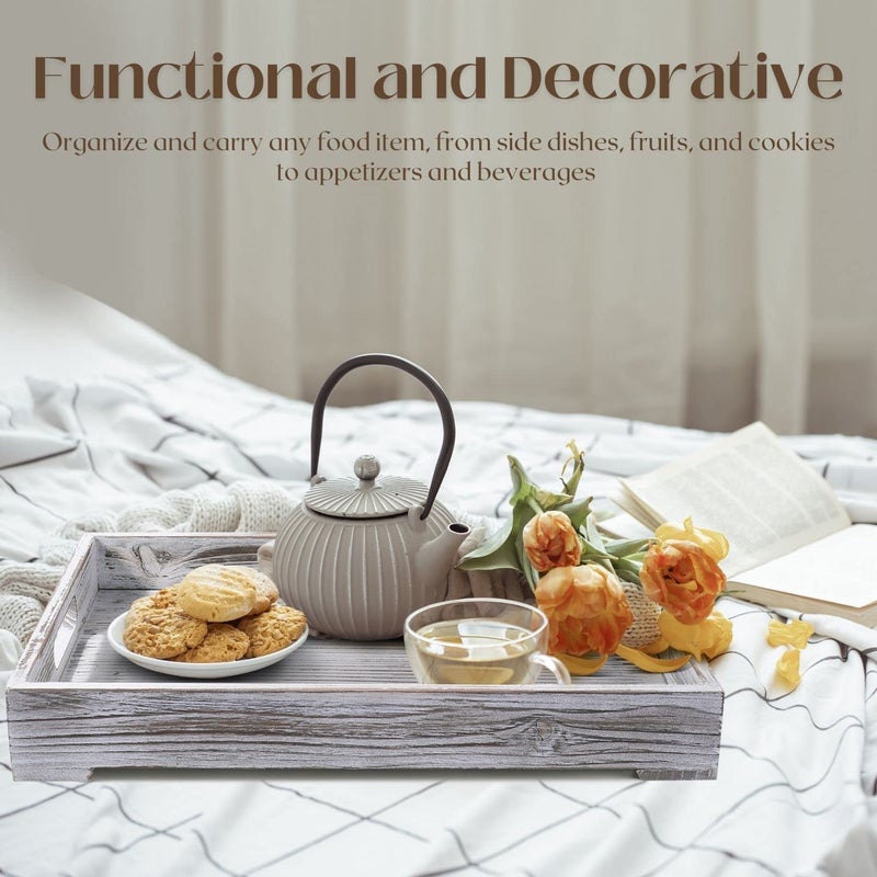 Flexzion Rustic Wooden Serving Tray with Handle - 3-Piece Set of Wooden Trays for Ottomans, Torched Whitewash Nesting Trays for Eating, Decoration, Coffee, Stackable Rectangular Breakfast - Image 3